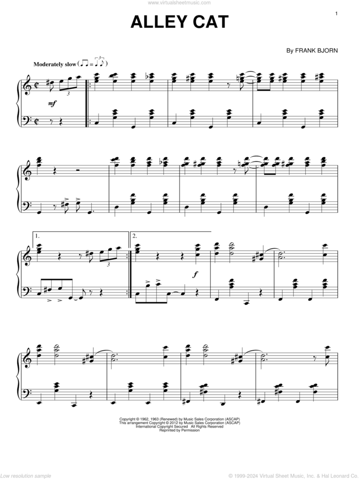 Alley Cat sheet music for piano solo by Frank Bjorn and Bent Fabric, intermediate skill level