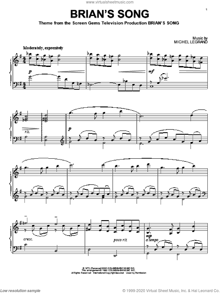 Brian's Song sheet music for piano solo by Michel LeGrand, classical score, intermediate skill level