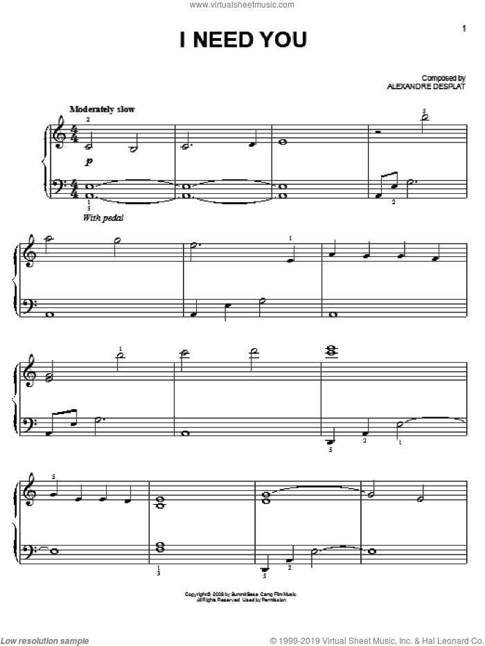 I Need You (from The Twilight Saga: New Moon) sheet music for piano solo by Alexandre Desplat and Twlight: New Moon (Movie), easy skill level