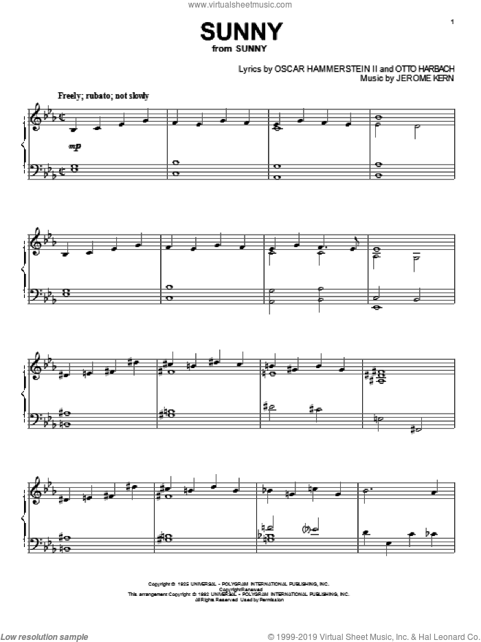Sunny sheet music for piano solo by Jerome Kern, Oscar II Hammerstein and Otto Harbach, intermediate skill level