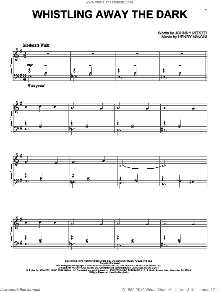 Whistling Away The Dark sheet music for piano solo by Henry Mancini and Johnny Mercer, intermediate skill level