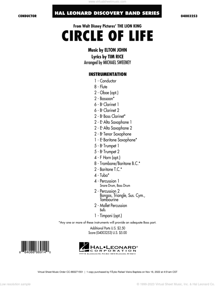 Circle of Life (from The Lion King) (arr. Michael Sweeney) sheet music for concert band (full score) by Elton John, Michael Sweeney and Tim Rice, intermediate skill level
