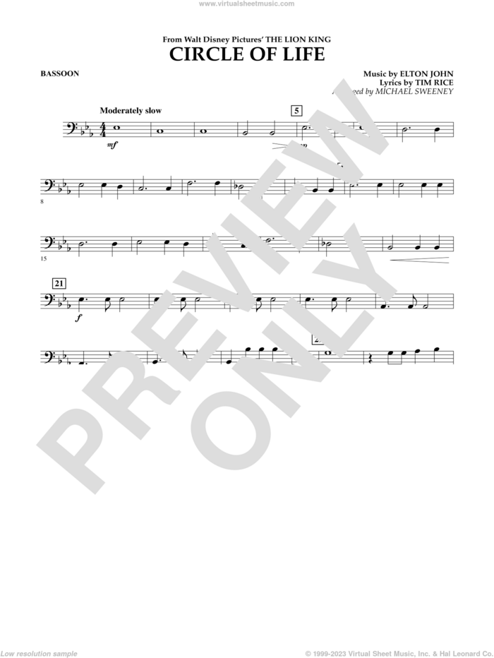 Circle of Life (from The Lion King) (arr. Michael Sweeney) sheet music for concert band (bassoon) by Elton John, Michael Sweeney and Tim Rice, intermediate skill level