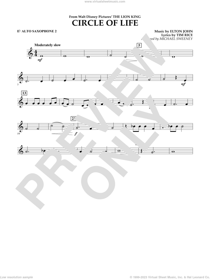 Circle of Life (from The Lion King) (arr. Michael Sweeney) sheet music for concert band (Eb alto saxophone 2) by Elton John, Michael Sweeney and Tim Rice, intermediate skill level