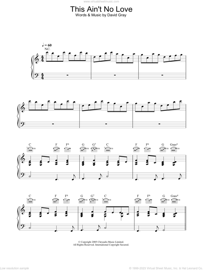Ain't No Love sheet music for voice, piano or guitar by David Gray, intermediate skill level