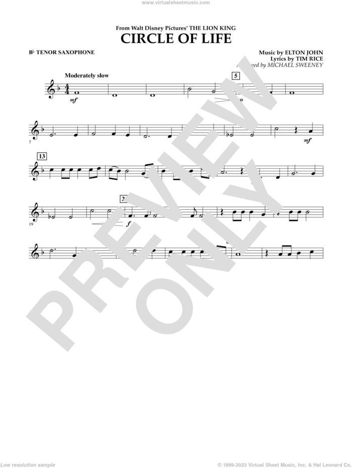 Circle of Life (from The Lion King) (arr. Michael Sweeney) sheet music for concert band (Bb tenor saxophone) by Elton John, Michael Sweeney and Tim Rice, intermediate skill level