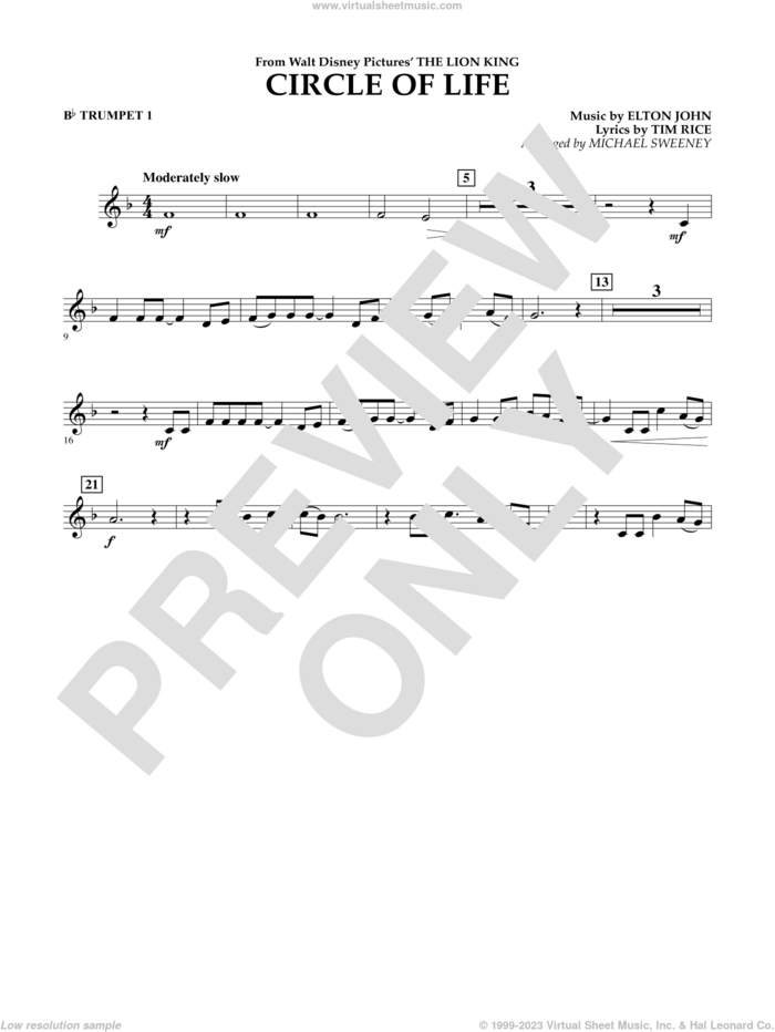 Circle of Life (from The Lion King) (arr. Michael Sweeney) sheet music for concert band (Bb trumpet 1) by Elton John, Michael Sweeney and Tim Rice, intermediate skill level