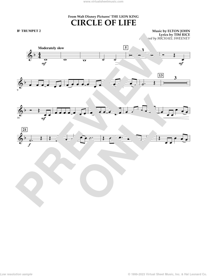 Circle of Life (from The Lion King) (arr. Michael Sweeney) sheet music for concert band (Bb trumpet 2) by Elton John, Michael Sweeney and Tim Rice, intermediate skill level