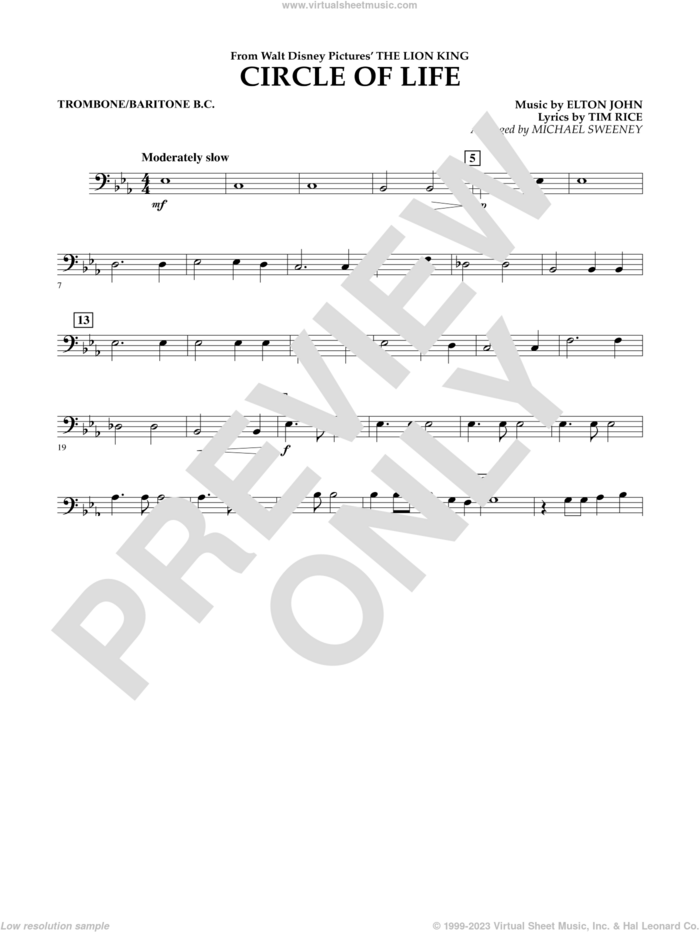 Circle of Life (from The Lion King) (arr. Michael Sweeney) sheet music for concert band (trombone/baritone b.c.) by Elton John, Michael Sweeney and Tim Rice, intermediate skill level