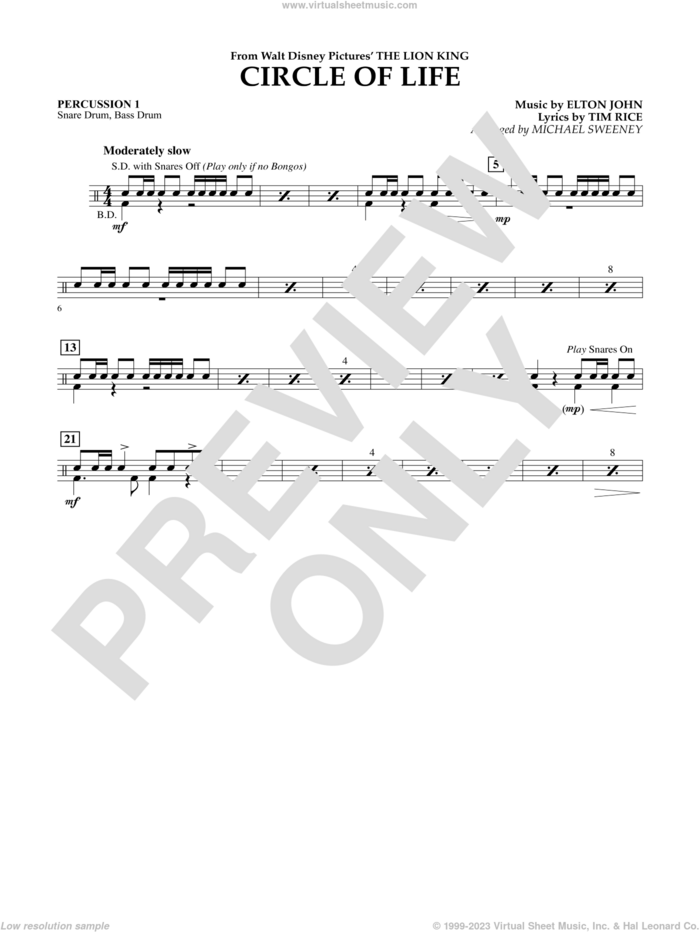 Circle of Life (from The Lion King) (arr. Michael Sweeney) sheet music for concert band (percussion 1) by Elton John, Michael Sweeney and Tim Rice, intermediate skill level