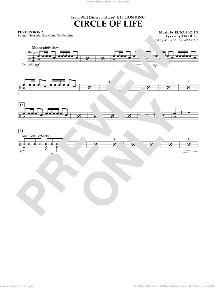 Circle of Life (from The Lion King) (arr. Michael Sweeney) sheet music for concert band (percussion 2) by Elton John, Michael Sweeney and Tim Rice, intermediate skill level