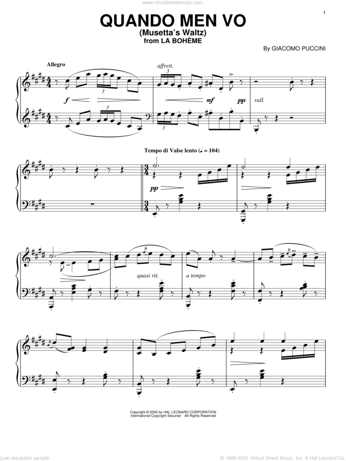 Quando Men Vo (Musetta's Waltz) sheet music for piano solo by Giacomo Puccini, classical score, intermediate skill level