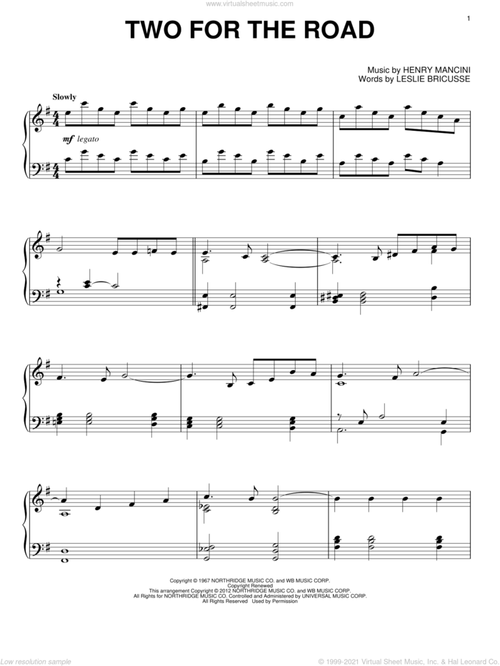 Two For The Road, (intermediate) sheet music for piano solo by Henry Mancini and Leslie Bricusse, intermediate skill level