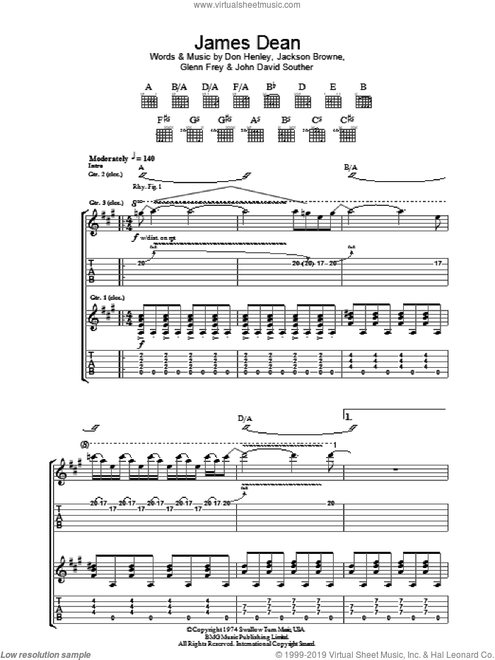 James Dean sheet music for guitar (tablature) by Don Henley, The Eagles, Glenn Frey, Jackson Browne and John David Souther, intermediate skill level
