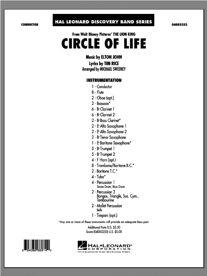 Circle Of Life (COMPLETE) sheet music for concert band by Elton John, Michael Sweeney and Tim Rice, intermediate skill level