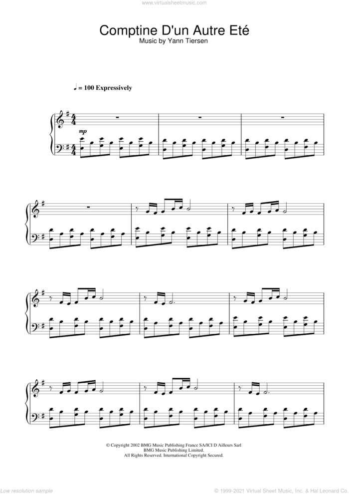 Comptine D'un Autre Ete (from Amelie) sheet music for piano solo by Yann Tiersen, intermediate skill level