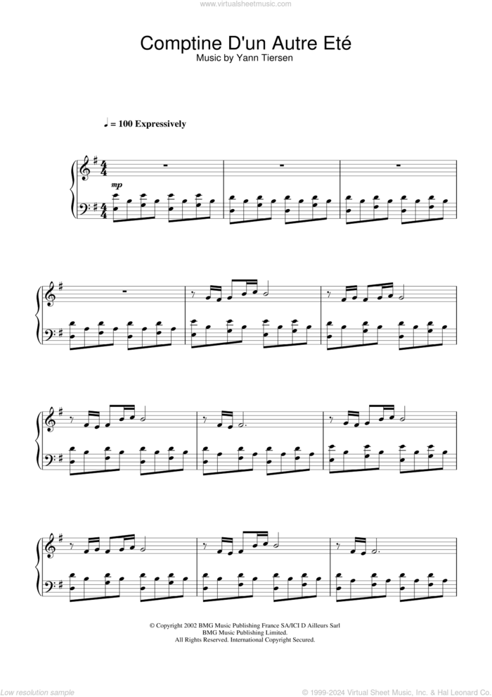 Comptine D'un Autre Ete (from Amelie) sheet music for piano solo by Yann Tiersen, intermediate skill level