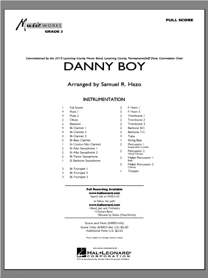 Danny Boy (COMPLETE) sheet music for concert band by Samuel R. Hazo, intermediate skill level