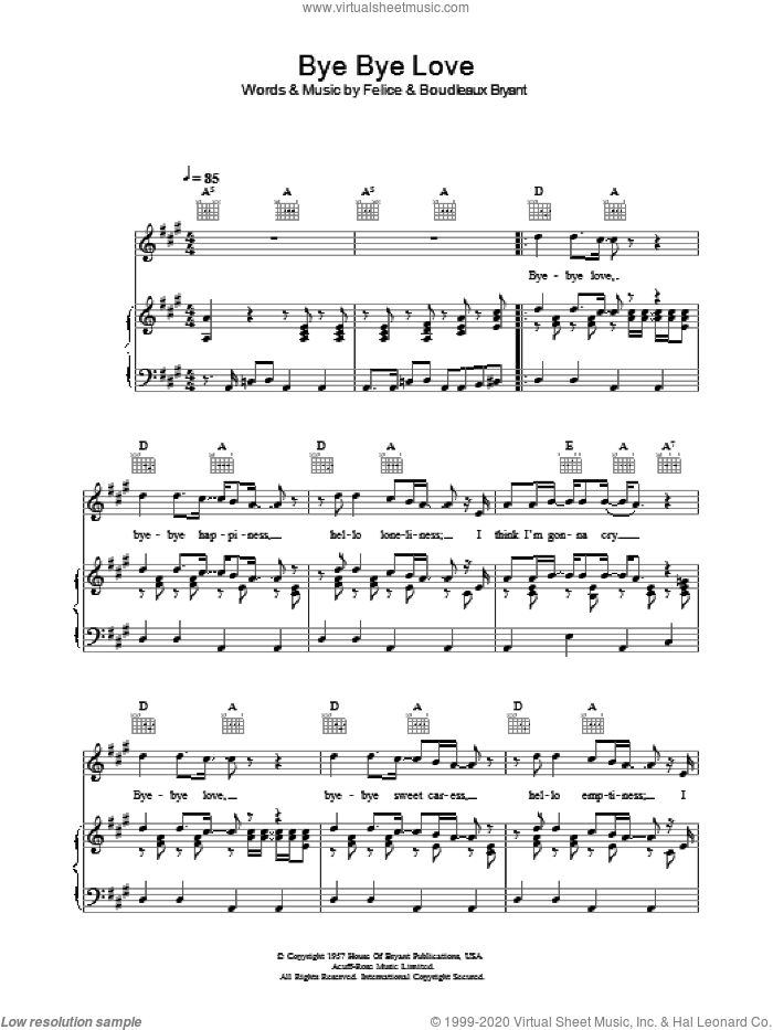 Bye Bye Love sheet music for voice, piano or guitar by Everly Brothers, Boudleaux Bryant and Felice Bryant, intermediate skill level
