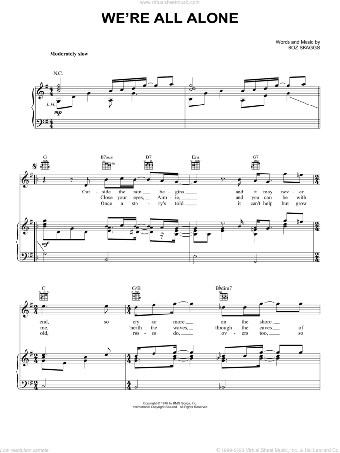 We're All Alone sheet music for voice, piano or guitar by Boz Scaggs, intermediate skill level