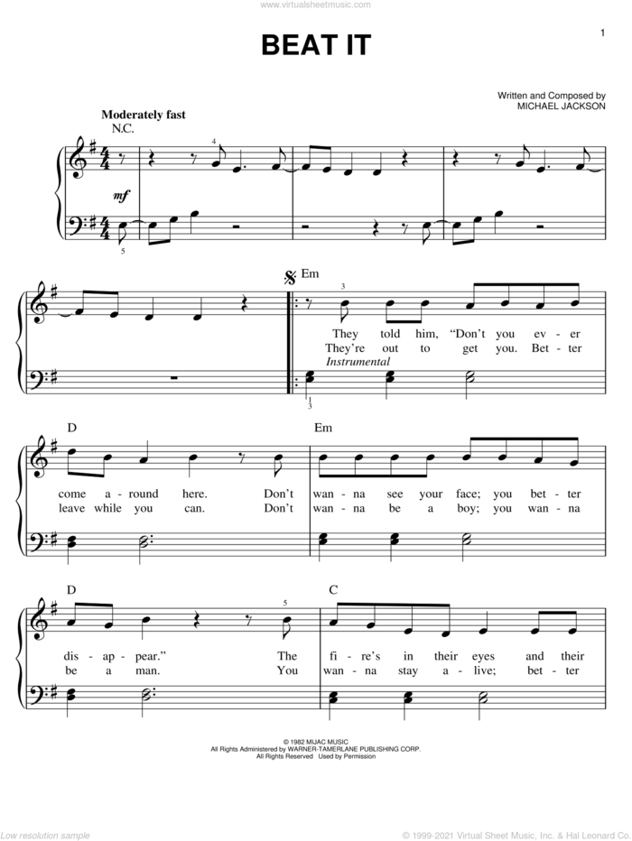 Beat It, (easy) sheet music for piano solo by Michael Jackson, easy skill level