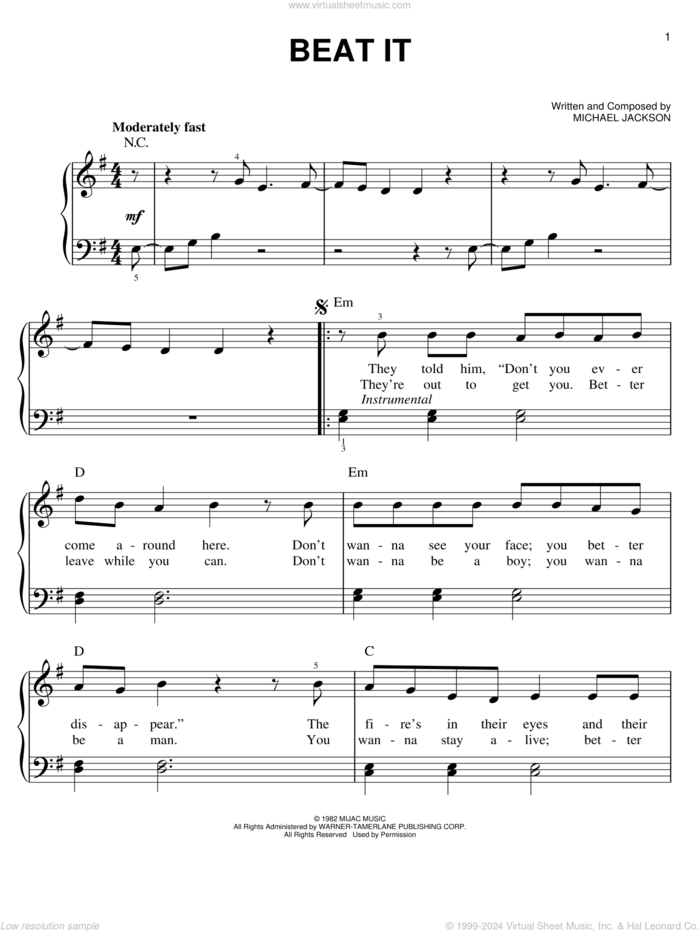 Beat It, (easy) sheet music for piano solo by Michael Jackson, easy skill level