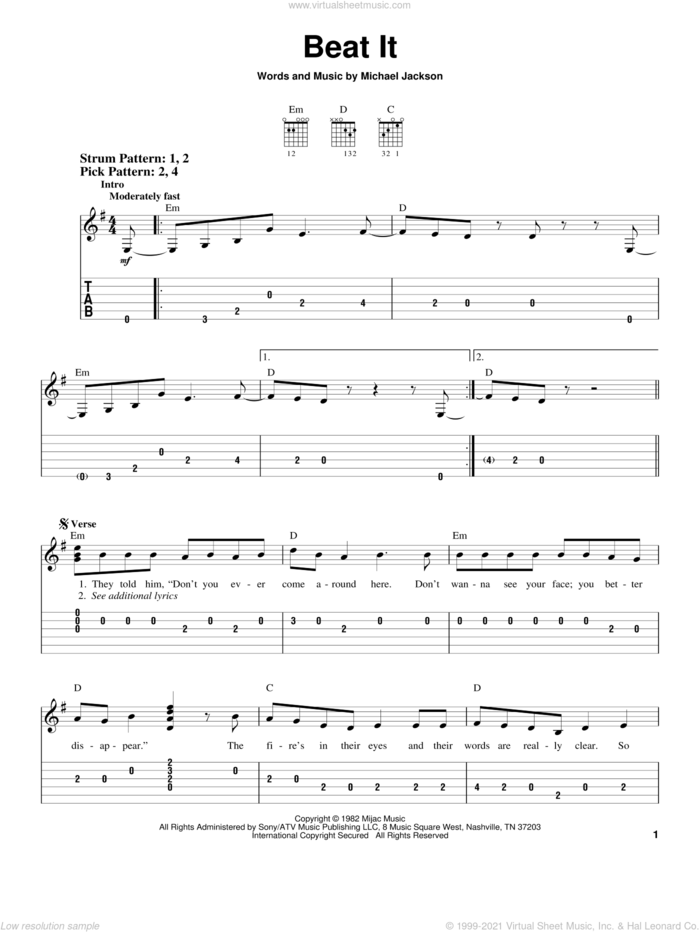 Beat It sheet music for guitar solo (easy tablature) by Michael Jackson, easy guitar (easy tablature)