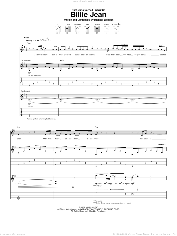 Billie Jean sheet music for guitar (tablature) by Michael Jackson and Chris Cornell, intermediate skill level