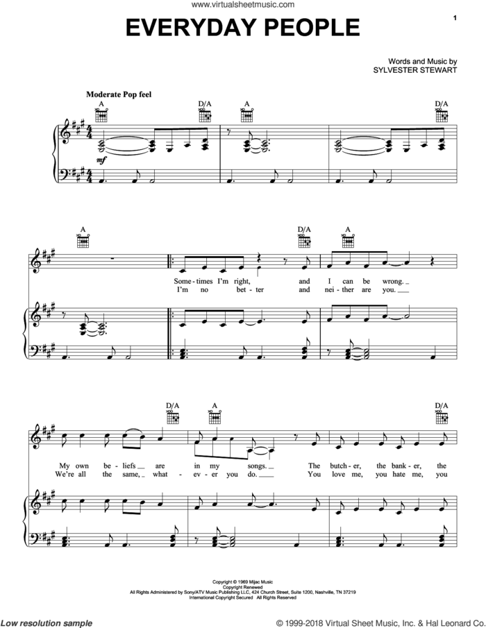 Everyday People sheet music for voice, piano or guitar by Sly & The Family Stone and Sylvester Stewart, intermediate skill level