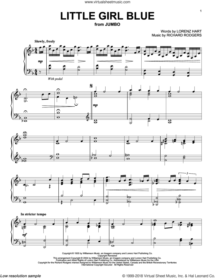 Little Girl Blue sheet music for piano solo by Lorenz Hart, Dan Rodowicz and Richard Rodgers, intermediate skill level
