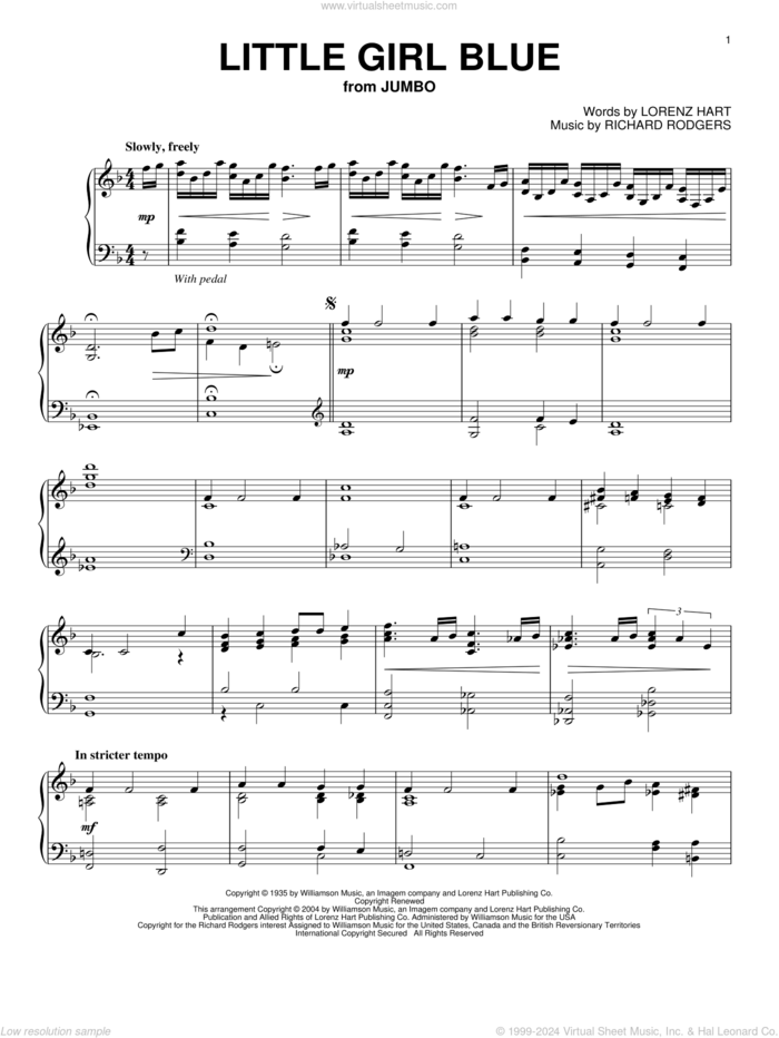 Little Girl Blue sheet music for piano solo by Lorenz Hart, Dan Rodowicz and Richard Rodgers, intermediate skill level