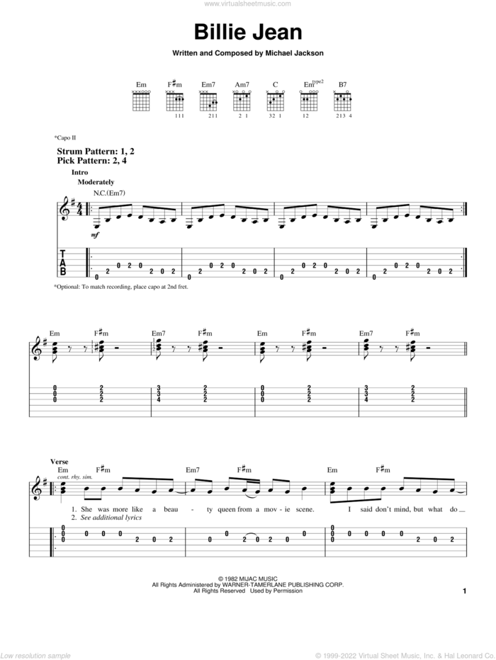 Billie Jean sheet music for guitar solo (easy tablature) by Michael Jackson, easy guitar (easy tablature)