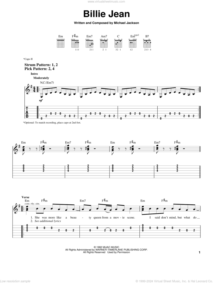 Billie Jean sheet music for guitar solo (easy tablature) by Michael Jackson, easy guitar (easy tablature)