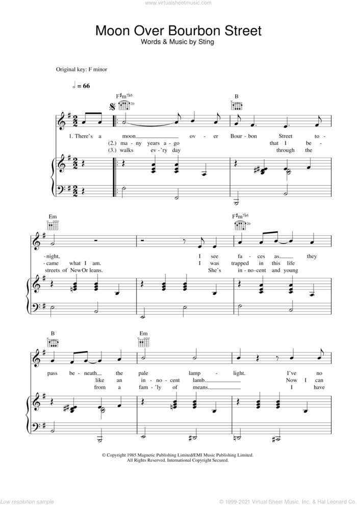 Moon Over Bourbon Street sheet music for voice, piano or guitar by Sting, intermediate skill level