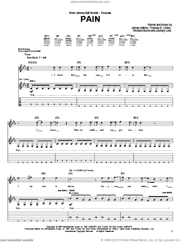 Pain sheet music for guitar (tablature) by Jimmy Eat World, James Adkins, Richard Burch, Thomas D. Linton and Zachary Lind, intermediate skill level