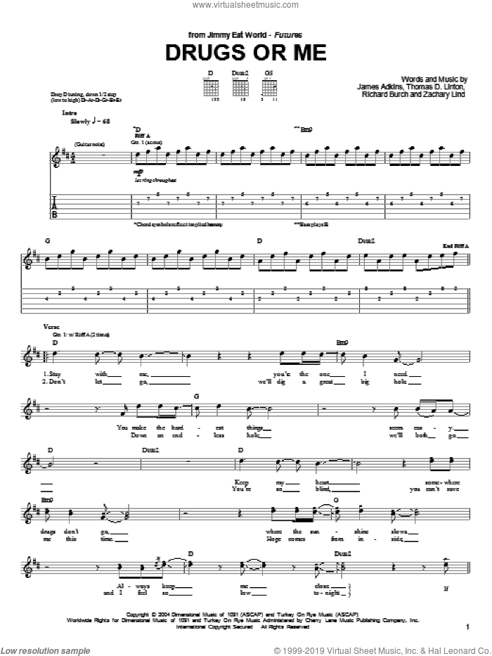 Drugs Or Me sheet music for guitar (tablature) by Jimmy Eat World, James Adkins, Richard Burch, Thomas D. Linton and Zachary Lind, intermediate skill level