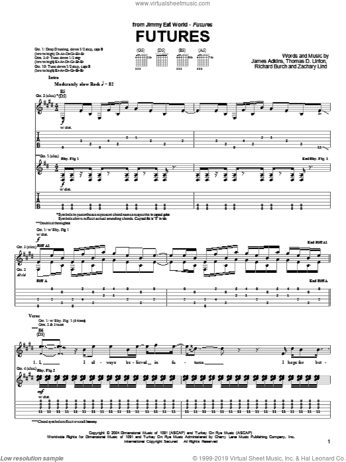 Futures sheet music for guitar (tablature) by Jimmy Eat World, James Adkins, Richard Burch, Thomas D. Linton and Zachary Lind, intermediate skill level
