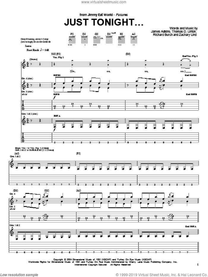 Just Tonight... sheet music for guitar (tablature) by Jimmy Eat World, James Adkins, Richard Burch, Thomas D.Linton and Zachary Lind, intermediate skill level