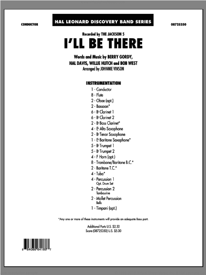 I'll Be There (COMPLETE) sheet music for concert band by Johnnie Vinson, Berry Gordy, Bob West, Hal Davis, The Jackson 5 and Willie Hutch, intermediate skill level