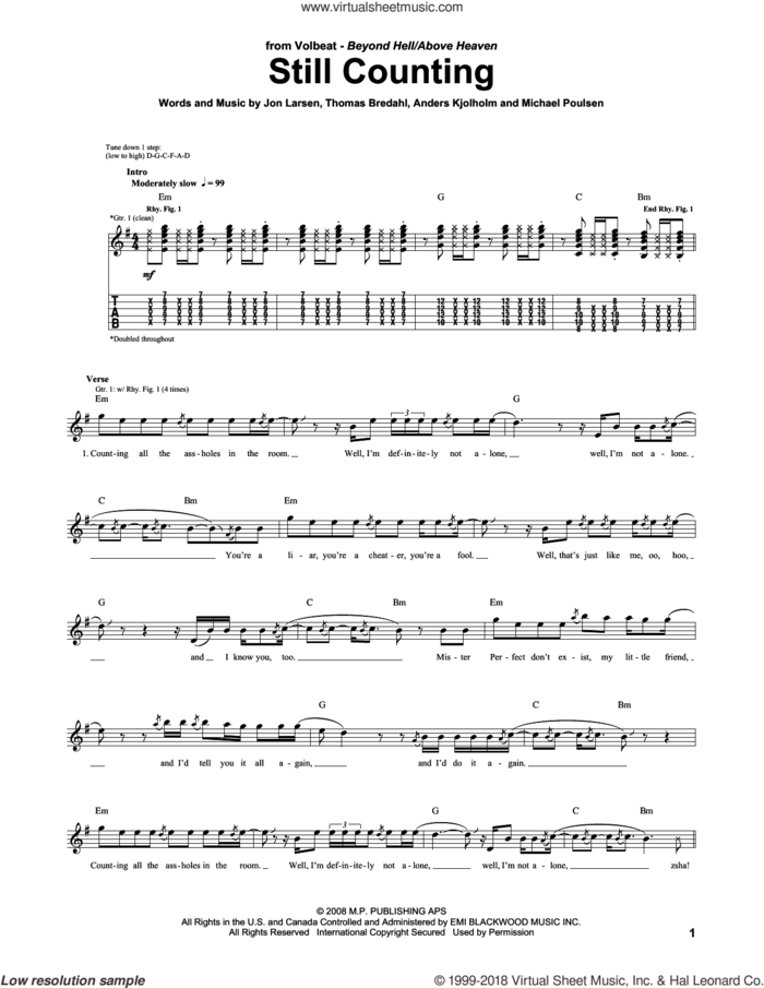 Still Counting sheet music for guitar (tablature) by Volbeat, Anders Kjolholm, Jon Larsen, Michael Poulsen and Thomas Bredahl, intermediate skill level