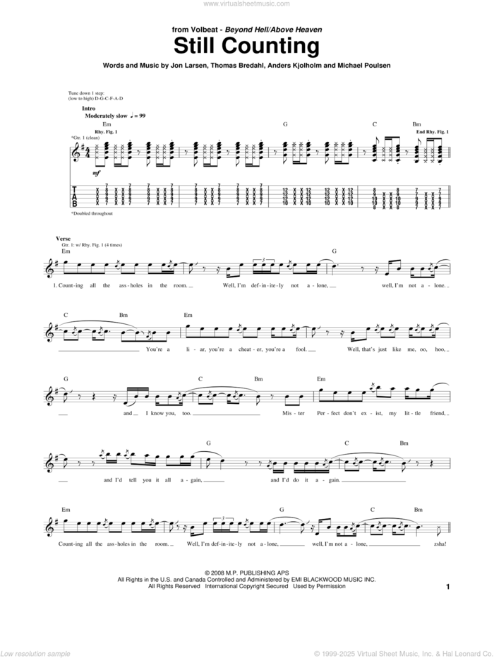 Still Counting sheet music for guitar (tablature) by Volbeat, Anders Kjolholm, Jon Larsen, Michael Poulsen and Thomas Bredahl, intermediate skill level