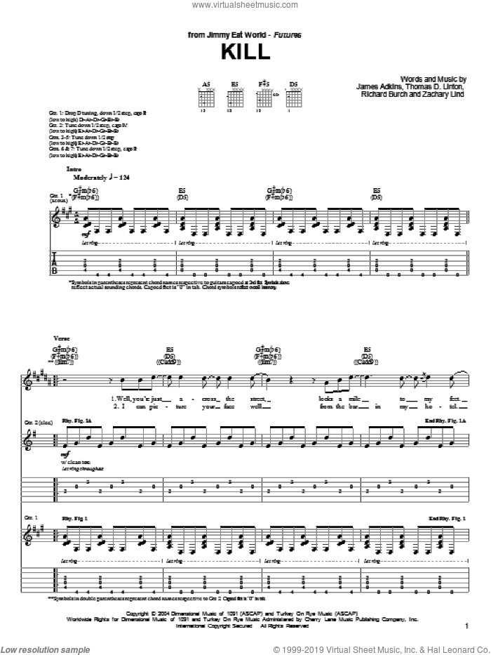 Kill sheet music for guitar (tablature) by Jimmy Eat World, James Adkins, Richard Burch, Thomas D.Linton and Zachary Lind, intermediate skill level