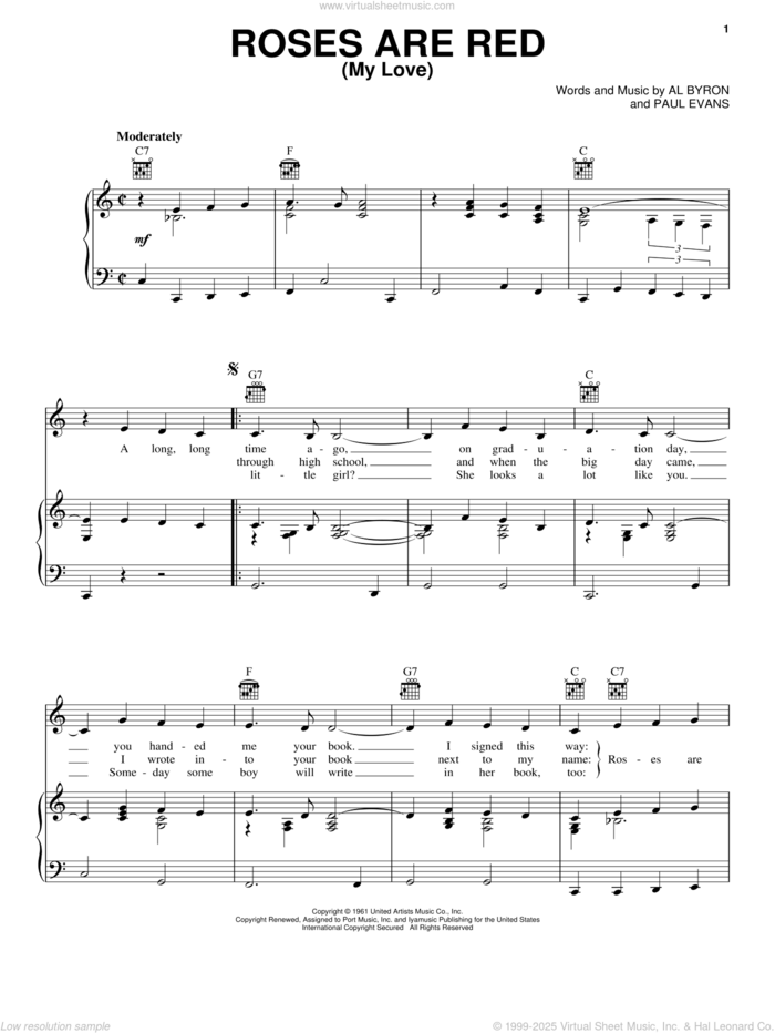 Roses Are Red, My Love sheet music for voice, piano or guitar by Bobby Vinton, Al Byron and Paul Evans, intermediate skill level