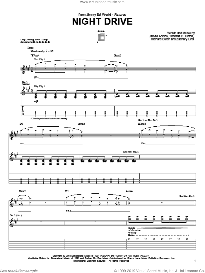 Night Drive sheet music for guitar (tablature) by Jimmy Eat World, James Adkins, Richard Burch, Thomas D.Linton and Zachary Lind, intermediate skill level