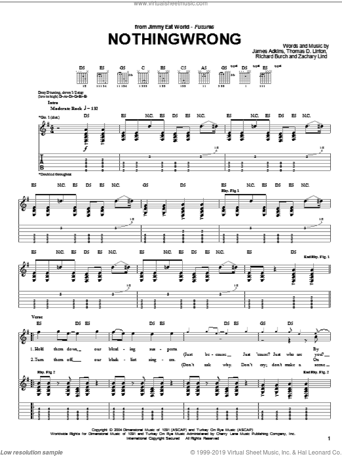 Nothingwrong sheet music for guitar (tablature) by Jimmy Eat World, James Adkins, Richard Burch, Thomas D.Linton and Zachary Lind, intermediate skill level