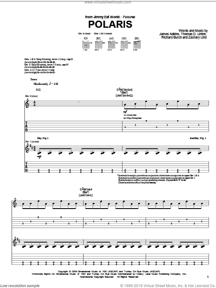Polaris sheet music for guitar (tablature) by Jimmy Eat World, James Adkins, Richard Burch, Thomas D.Linton and Zachary Lind, intermediate skill level