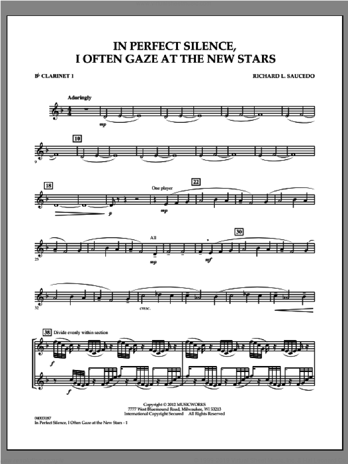In Perfect Silence, I Often Gaze at the New Stars sheet music for concert band (Bb clarinet 1) by Richard L. Saucedo, intermediate skill level