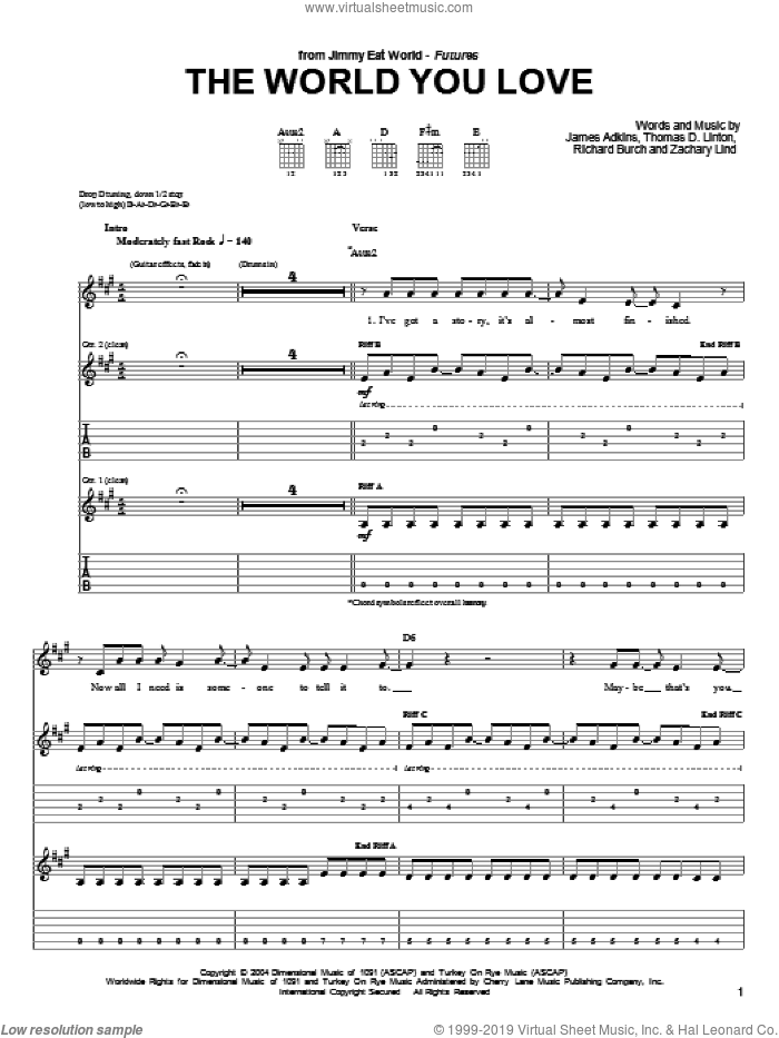 The World You Love sheet music for guitar (tablature) by Jimmy Eat World, James Adkins, Richard Burch, Thomas D.Linton and Zachary Lind, intermediate skill level