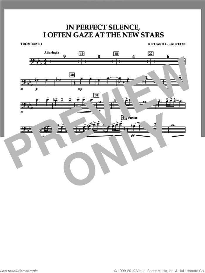 In Perfect Silence, I Often Gaze at the New Stars sheet music for concert band (trombone 1) by Richard L. Saucedo, intermediate skill level