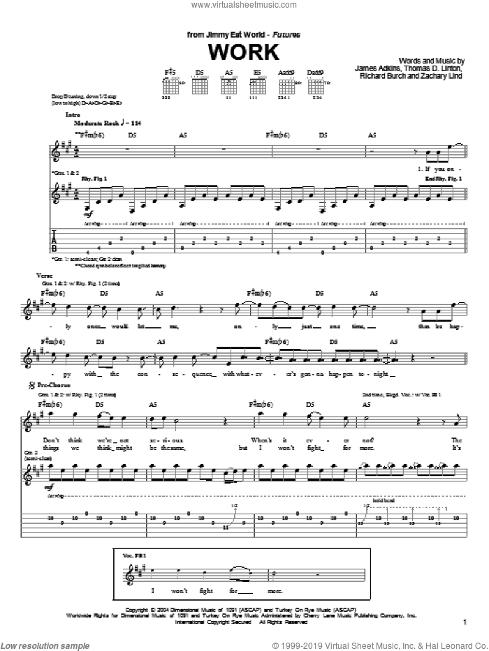 Work sheet music for guitar (tablature) by Jimmy Eat World, James Adkins, Richard Burch, Thomas D.Linton and Zachary Lind, intermediate skill level